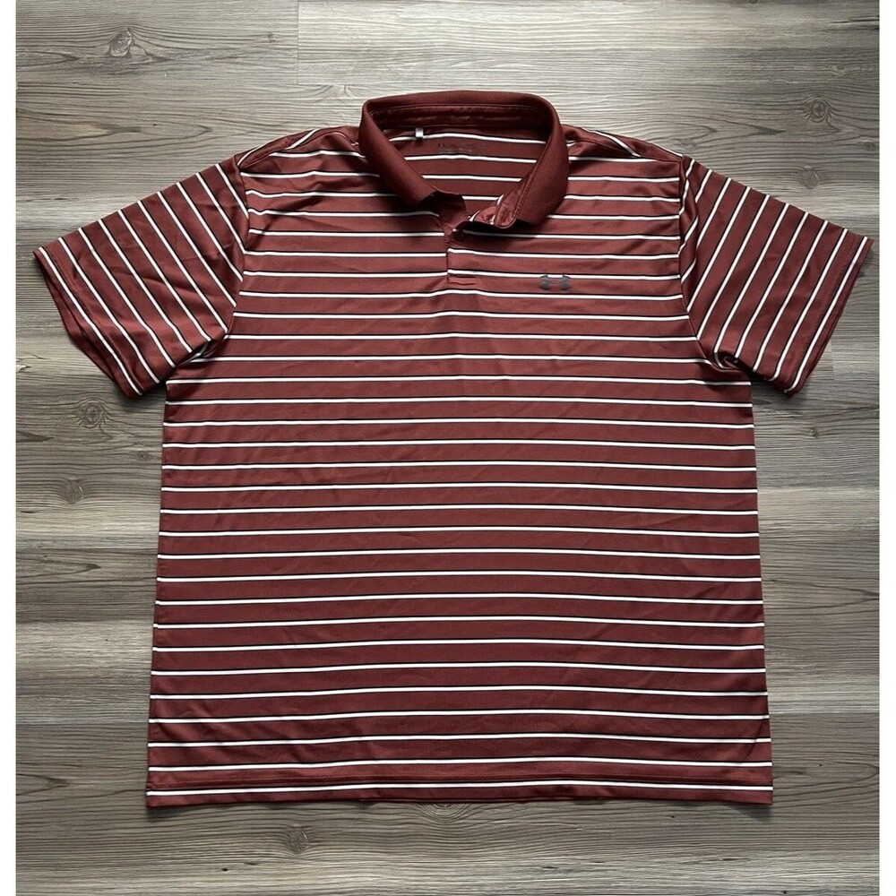 Under Armour Heat Gear Mens Size 2XL Short Sleeve Golf Polo Loose Fit Red Stripe